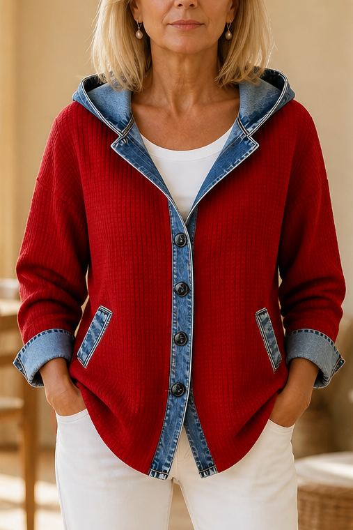 Denim-Look Patchwork Hooded Cardigan - Susan & Anne