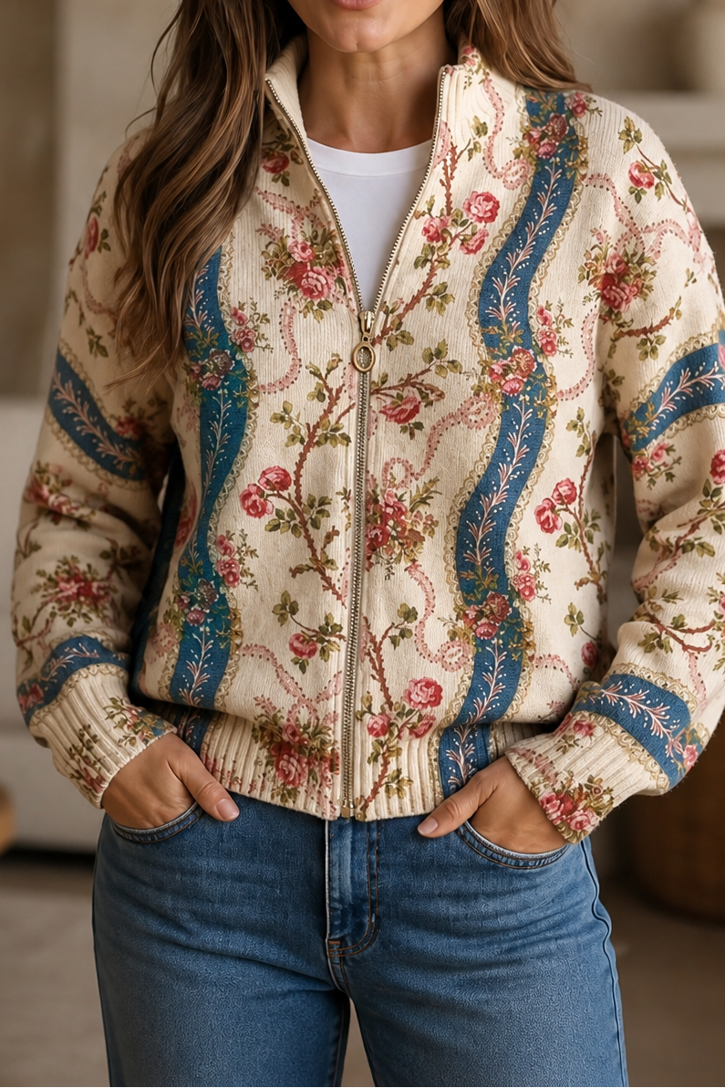 Botanical Print Zip-Up Bomber Cardigan - Susan & Anne