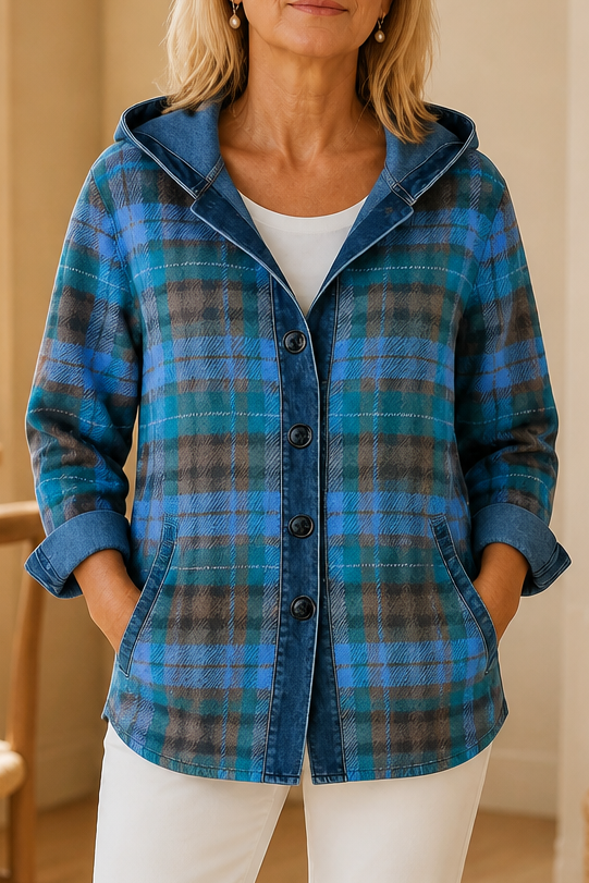 Denim-Look Patchwork Hooded Cardigan - Susan & Anne