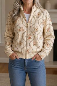 Botanical Print Zip-Up Bomber Cardigan - Susan & Anne