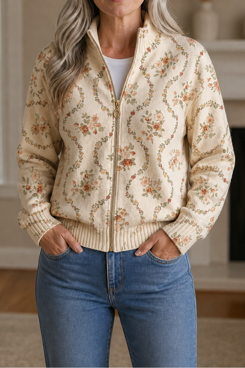 Botanical Print Zip-Up Bomber Cardigan - Susan & Anne