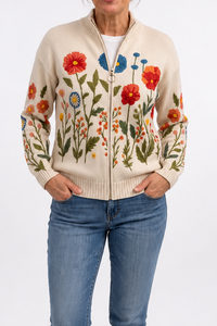 Botanical Print Zip-Up Bomber Cardigan - Susan & Anne