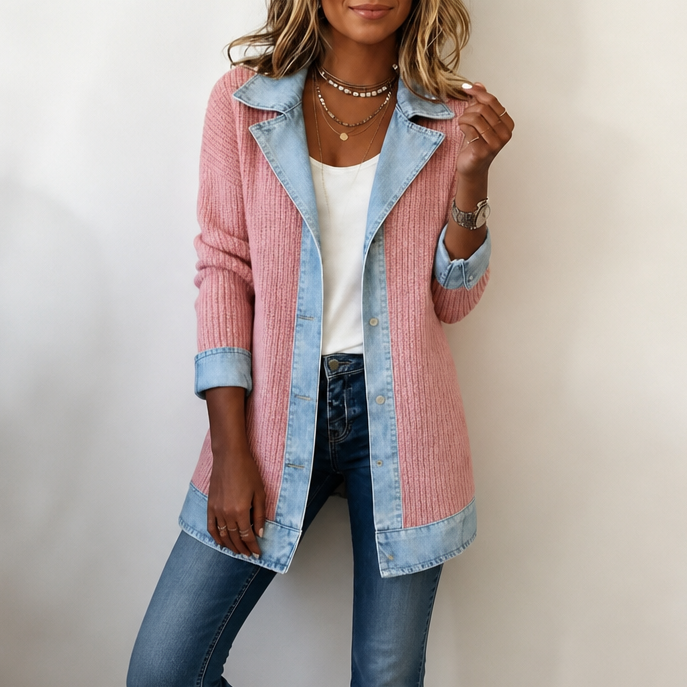 Ribbed Knit Coat With Denim Panels - Susan & Anne