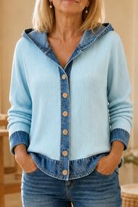 Denim-Look Patchwork Hooded Cardigan - Susan & Anne