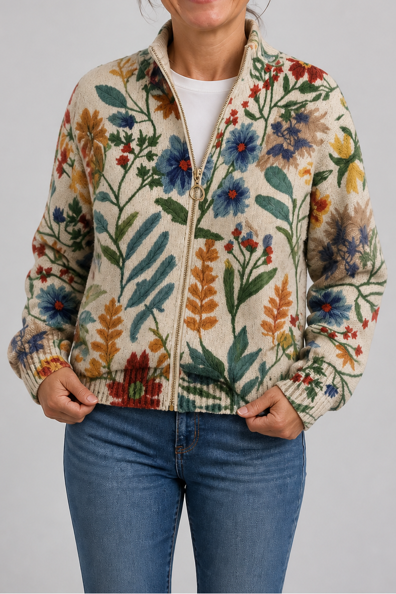 Botanical Print Zip-Up Bomber Cardigan - Susan & Anne