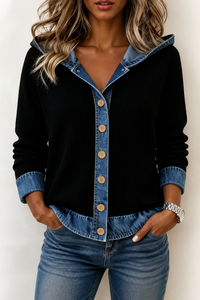Denim-Look Patchwork Hooded Cardigan - Susan & Anne