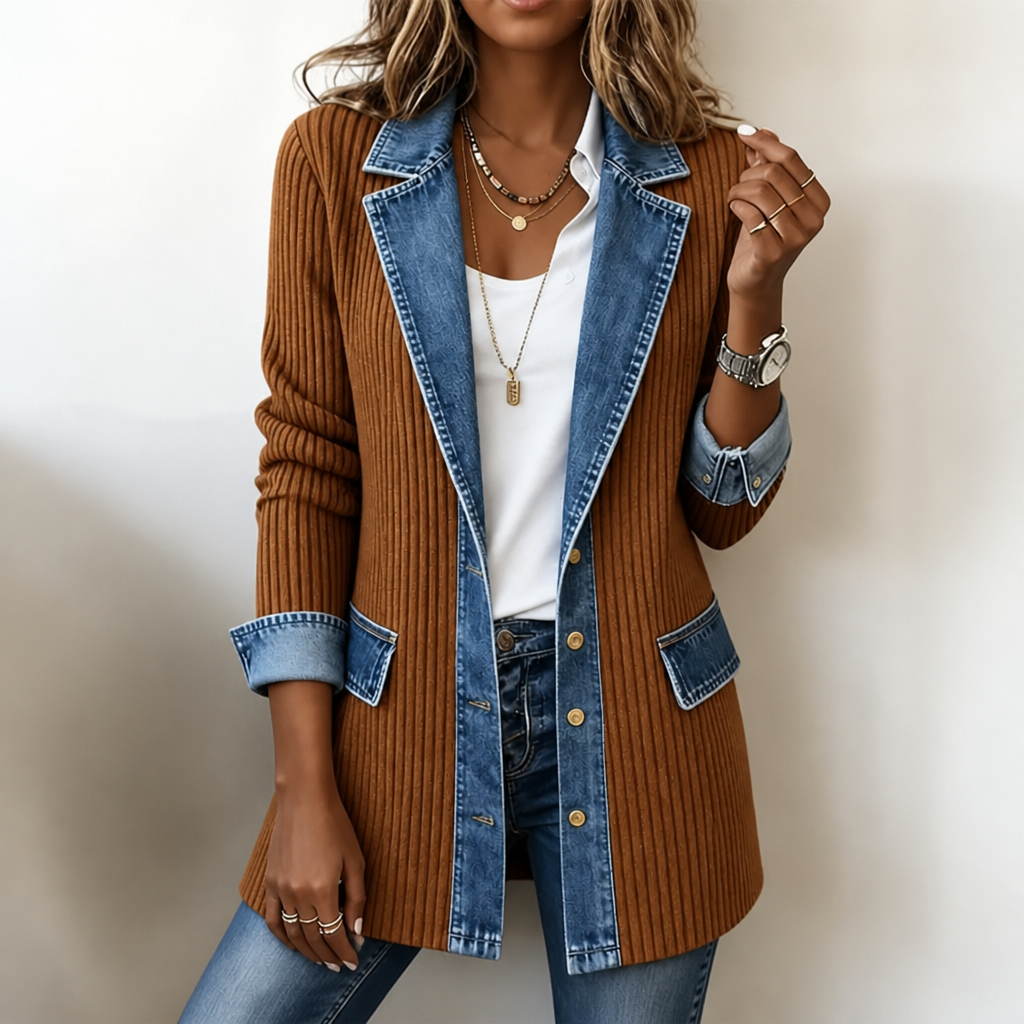 Ribbed Knit Coat With Denim Panels - Susan & Anne