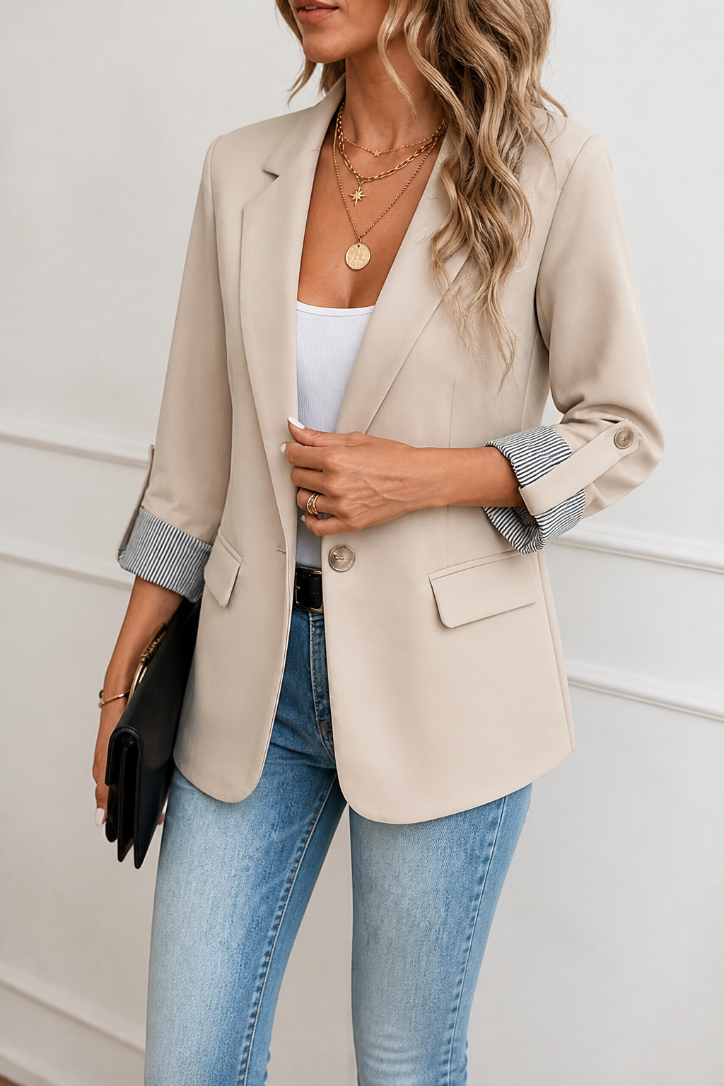 Striped-Cuff Roll-Sleeve Tailored Blazer - Susan & Anne