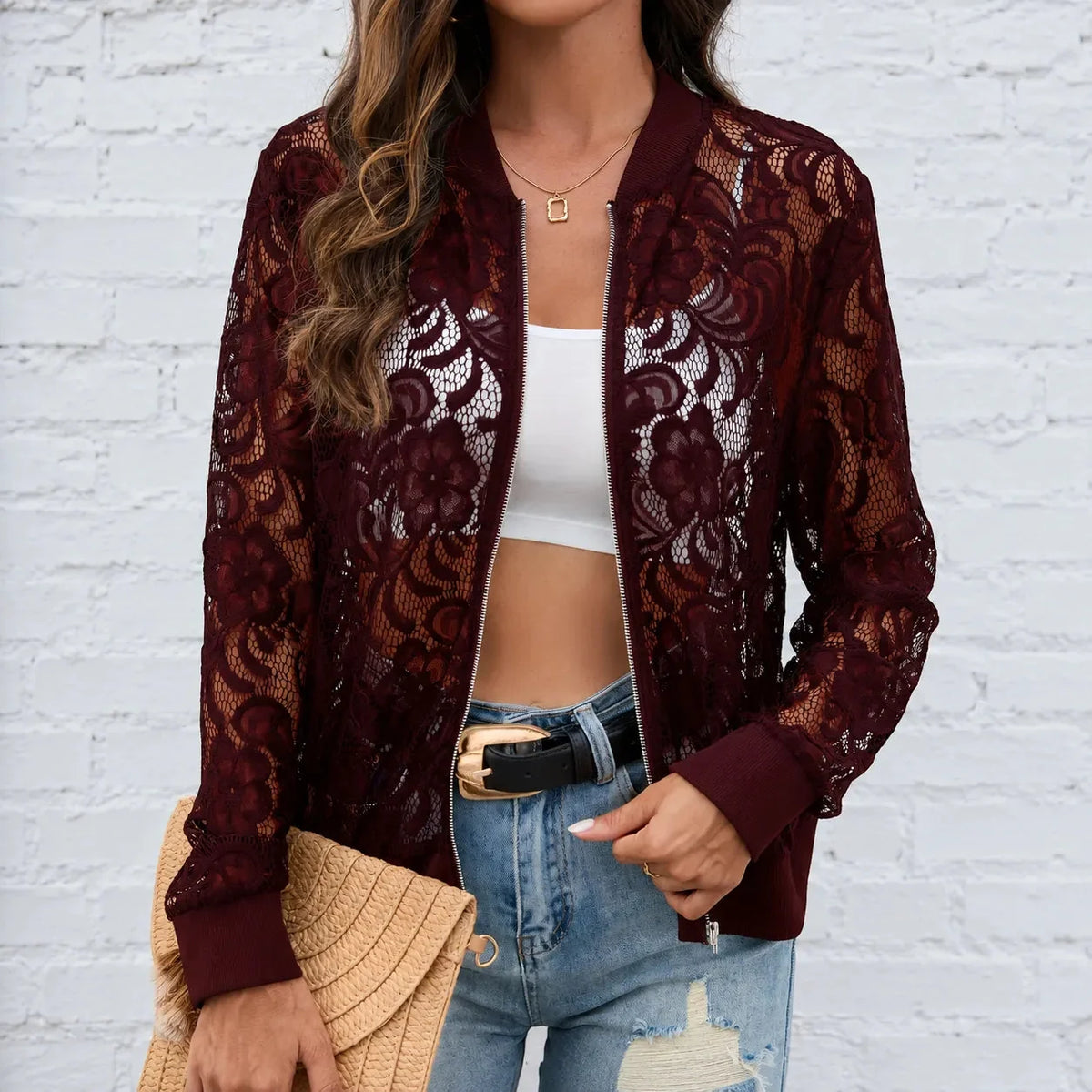 Floral Lace Zip Up Bomber Jacket for Women - Susan & Anne