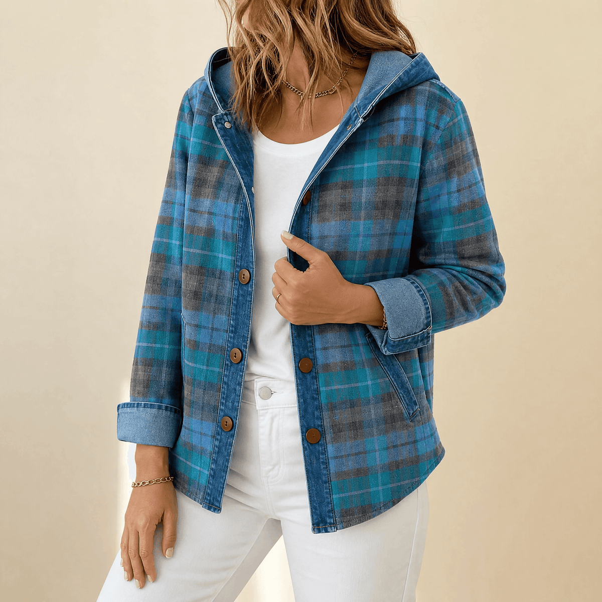 Women’s Contrast Denim Plaid Hooded Jacket - Susan & Anne