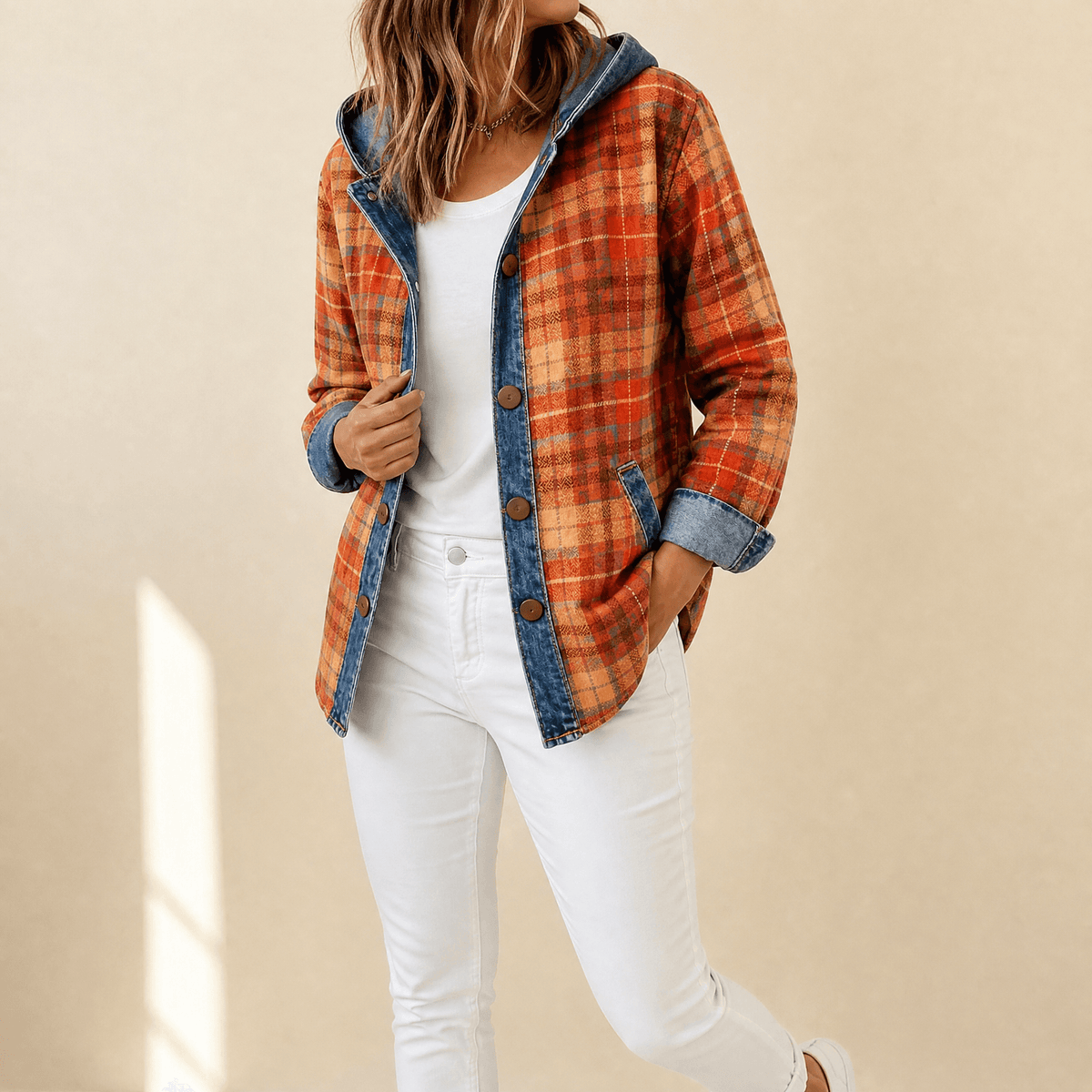 Women’s Contrast Denim Plaid Hooded Jacket - Susan & Anne