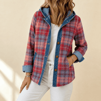 Women’s Contrast Denim Plaid Hooded Jacket - Susan & Anne
