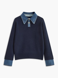Stylish Polo Shirts for Women with Denim Collar Knit Sweater Design - Susan & Anne