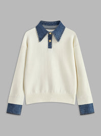 Stylish Polo Shirts for Women with Denim Collar Knit Sweater Design - Susan & Anne