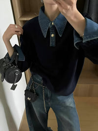 Stylish Polo Shirts for Women with Denim Collar Knit Sweater Design - Susan & Anne