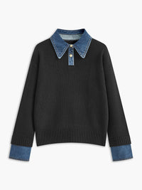 Stylish Polo Shirts for Women with Denim Collar Knit Sweater Design - Susan & Anne
