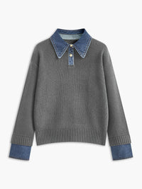 Stylish Polo Shirts for Women with Denim Collar Knit Sweater Design - Susan & Anne