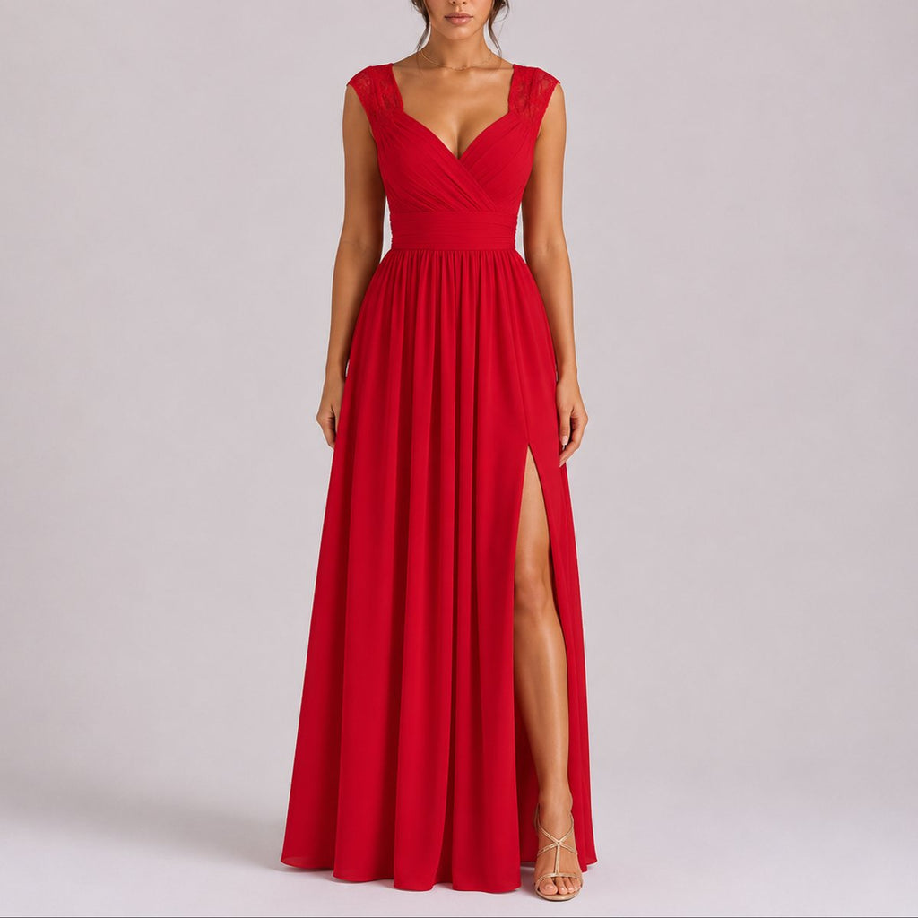 Elegant Chiffon Autumn Wedding Guest Dress for Women with V Neck Lace Cap Sleeve Ruched Slit Flowing Style - Susan & Anne