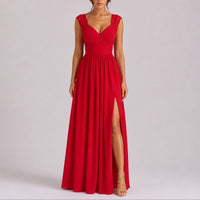 Elegant Chiffon Autumn Wedding Guest Dress for Women with V Neck Lace Cap Sleeve Ruched Slit Flowing Style - Susan & Anne