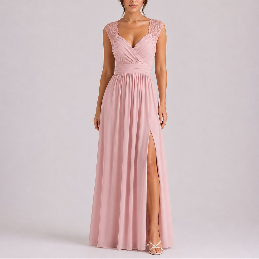 Elegant Chiffon Autumn Wedding Guest Dress for Women with V Neck Lace Cap Sleeve Ruched Slit Flowing Style - Susan & Anne