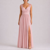 Elegant Chiffon Autumn Wedding Guest Dress for Women with V Neck Lace Cap Sleeve Ruched Slit Flowing Style - Susan & Anne