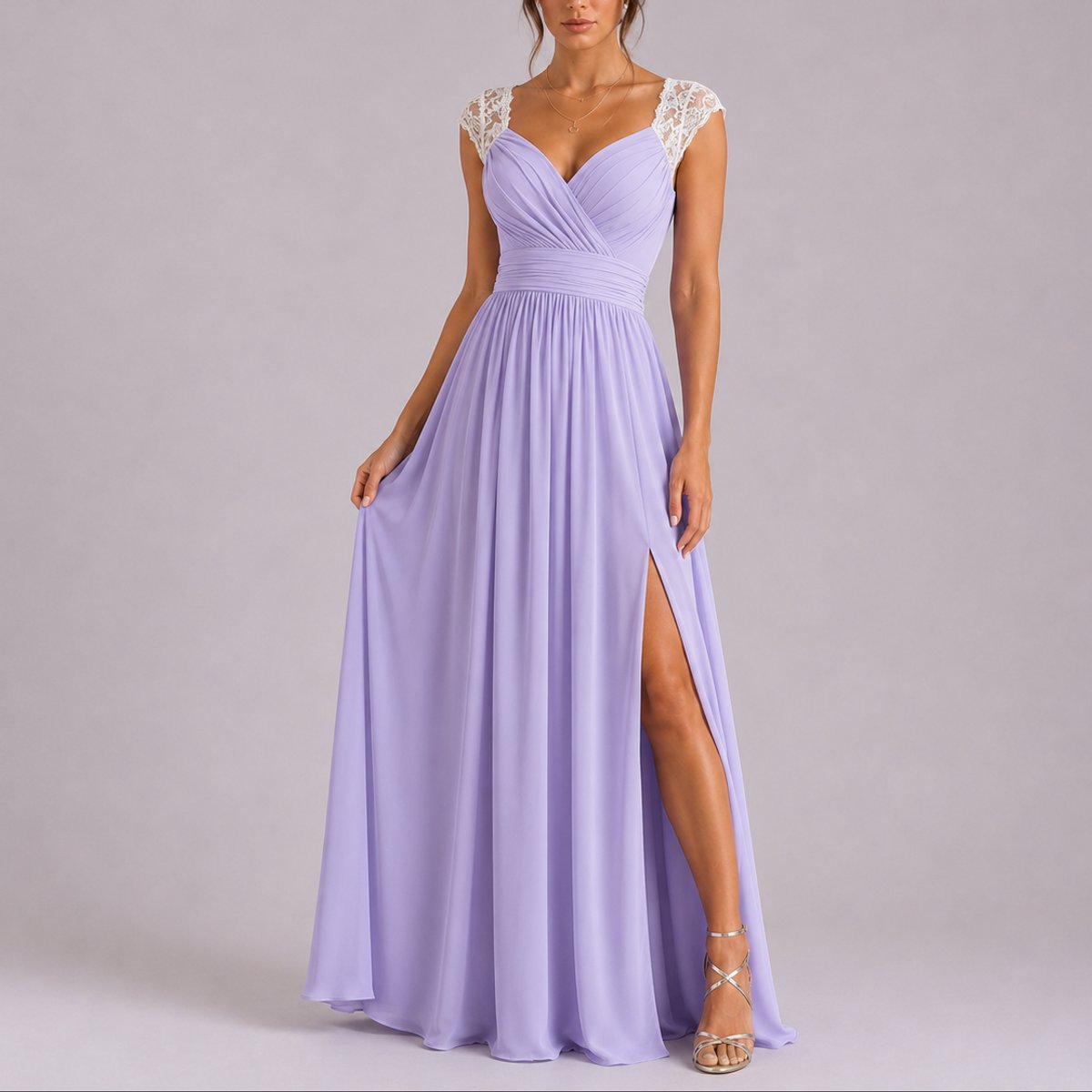 Elegant Chiffon Autumn Wedding Guest Dress for Women with V Neck Lace Cap Sleeve Ruched Slit Flowing Style - Susan & Anne