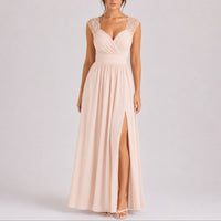 Elegant Chiffon Autumn Wedding Guest Dress for Women with V Neck Lace Cap Sleeve Ruched Slit Flowing Style - Susan & Anne
