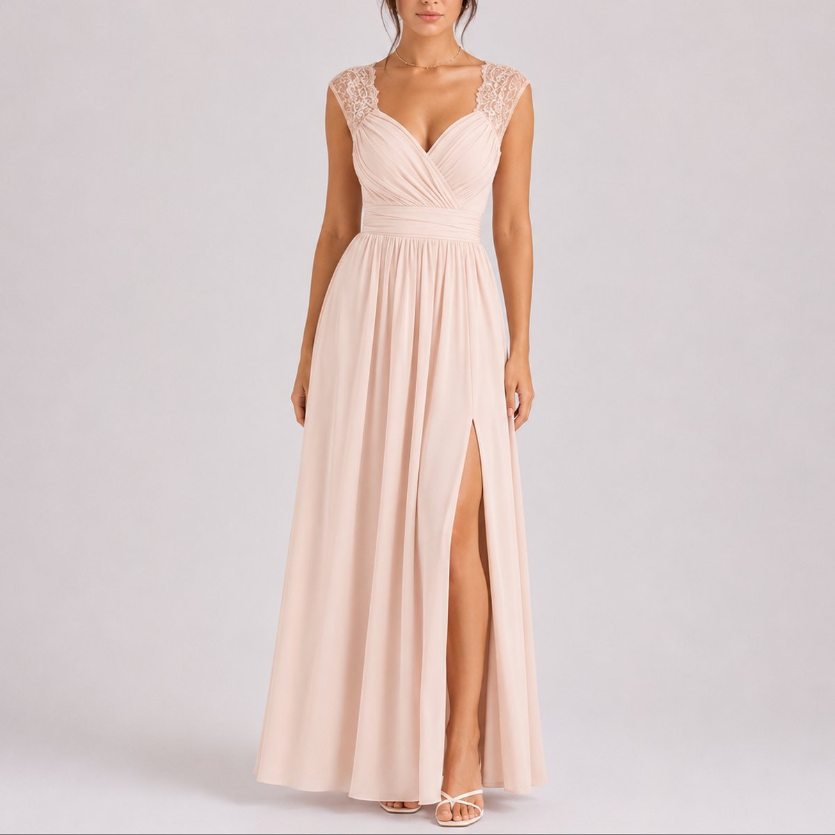 Elegant Chiffon Autumn Wedding Guest Dress for Women with V Neck Lace Cap Sleeve Ruched Slit Flowing Style - Susan & Anne