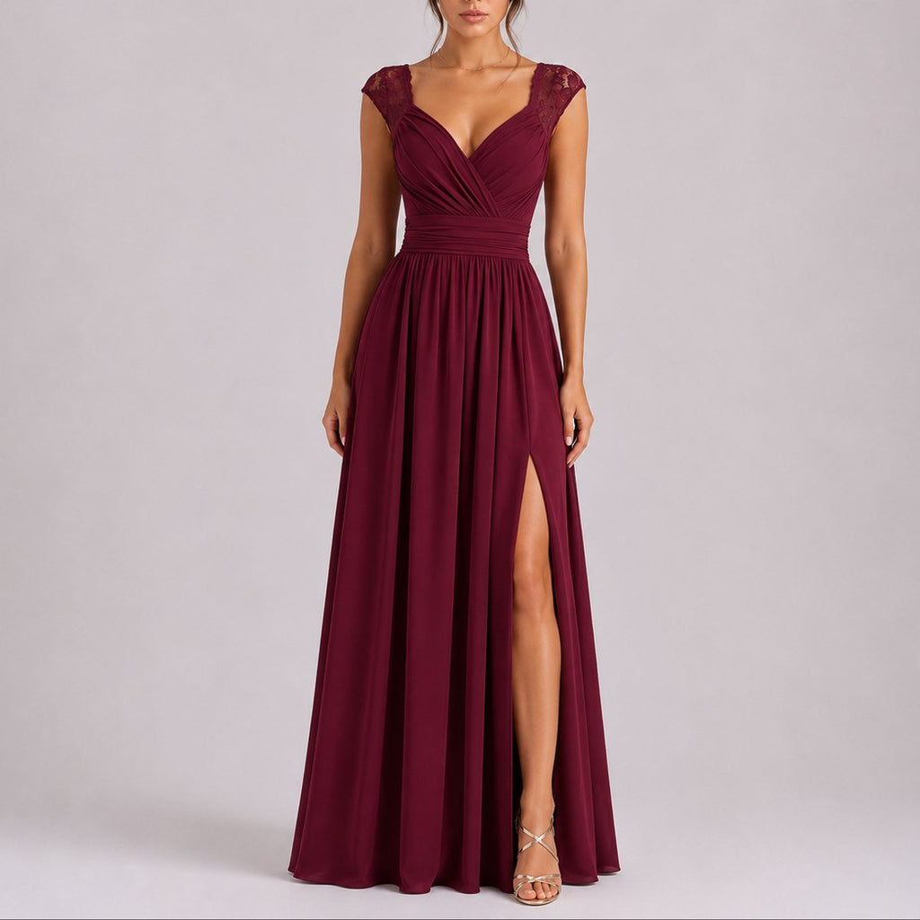 Elegant Chiffon Autumn Wedding Guest Dress for Women with V Neck Lace Cap Sleeve Ruched Slit Flowing Style - Susan & Anne