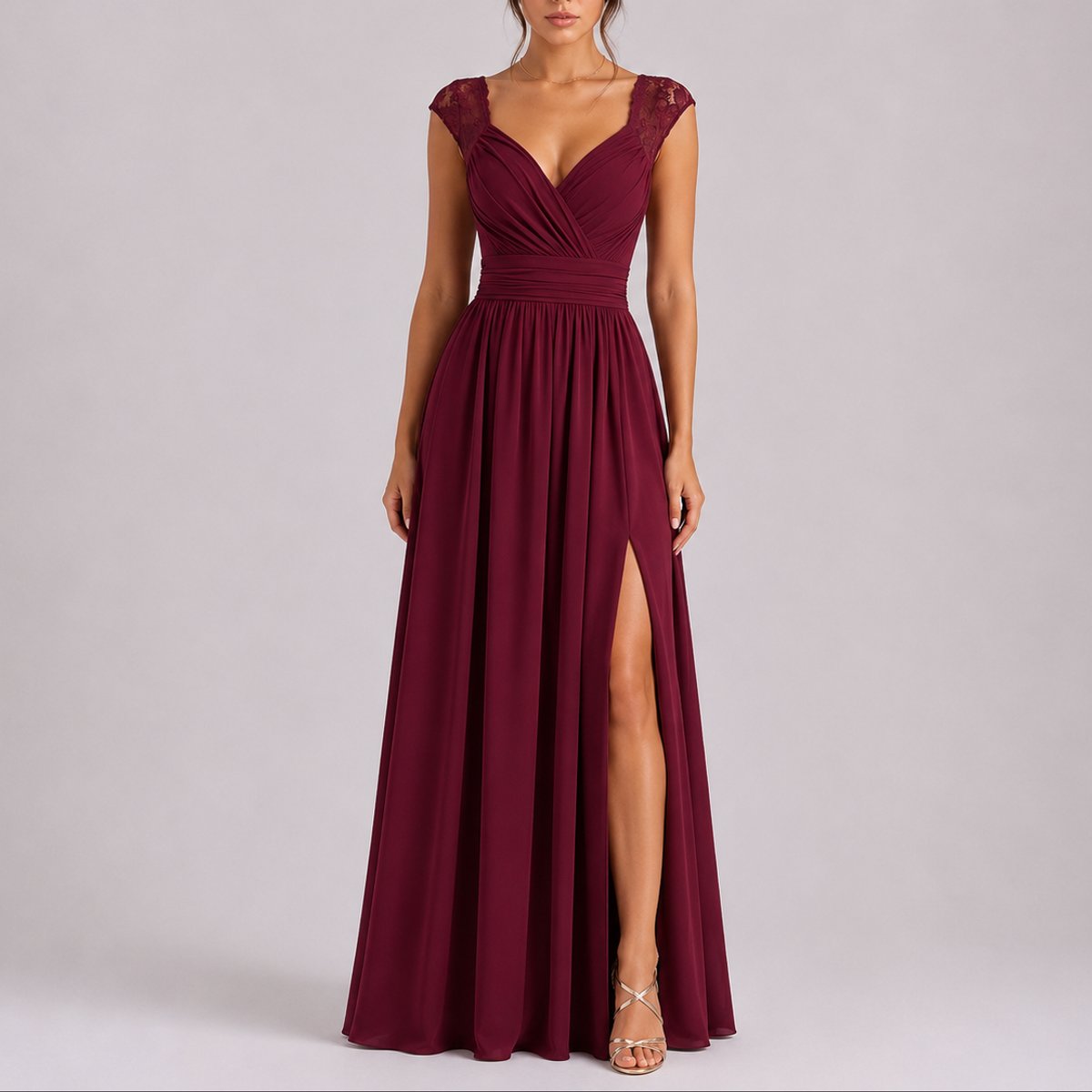 Elegant Chiffon Autumn Wedding Guest Dress for Women with V Neck Lace Cap Sleeve Ruched Slit Flowing Style - Susan & Anne