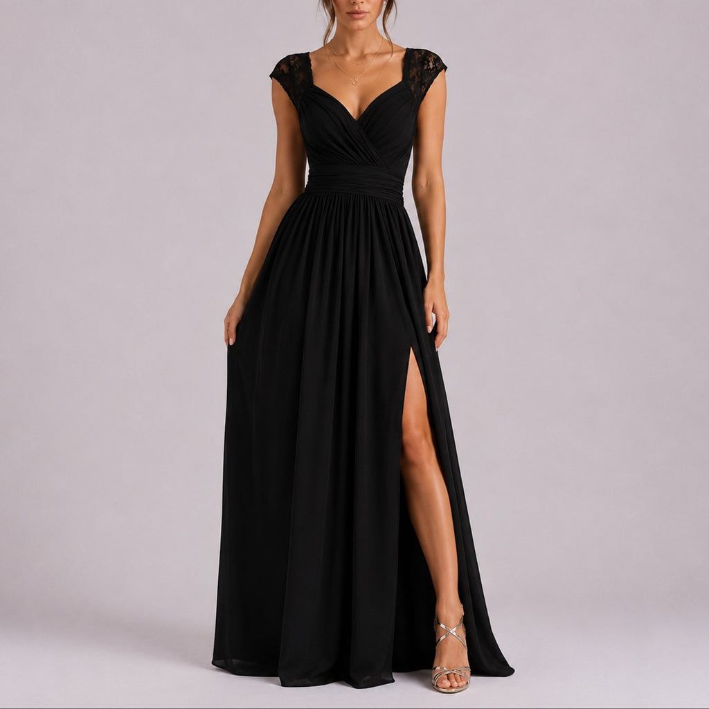 Elegant Chiffon Autumn Wedding Guest Dress for Women with V Neck Lace Cap Sleeve Ruched Slit Flowing Style - Susan & Anne