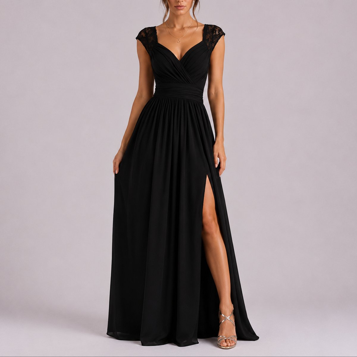 Elegant Chiffon Autumn Wedding Guest Dress for Women with V Neck Lace Cap Sleeve Ruched Slit Flowing Style - Susan & Anne