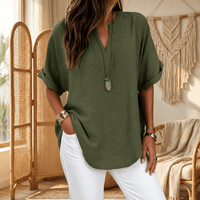 Women's Breezy V Neck Blouse with Curved Hem Green / S